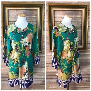 Women’s Green Floral Tie-Waist Tunic Top